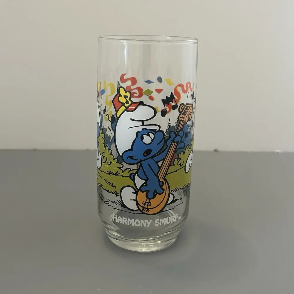 Smurf Clumsy and Harmony Collector Glass/Tumbler 1983 Peyo Vintage 6” Lot of 2